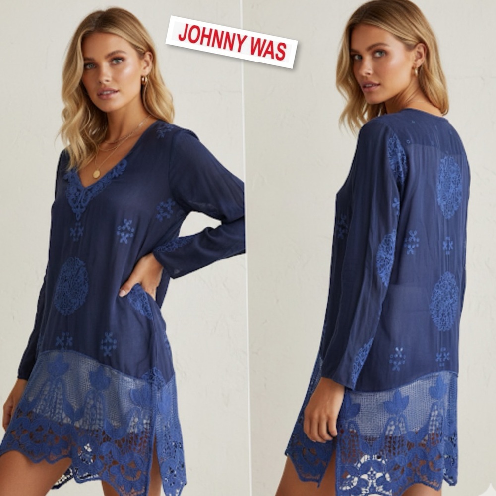 Johnny Was Blue Crochet Lace Embroidered Eyelet Tunic Women's Size Small Boho S